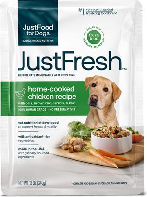 Show full view: JustFoodForDogs JustFresh Human Grade Home-Cooked Chicken Recipe Fresh Dog Food, 12-oz pouch, case of 7 slide 3 of 13