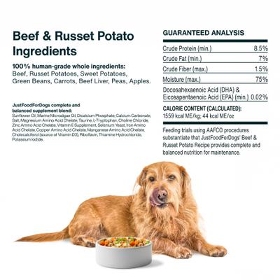 Show full view: JustFoodForDogs Beef & Russet Potato Recipe Frozen Human-Grade Fresh Dog Food, 72-oz pouch, case of 7 slide 8 of 12