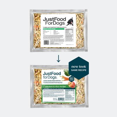 Show full view: JustFoodForDogs Chicken & Rice Recipe Frozen Human-Grade Fresh Dog Food, 72-oz pouch, case of 7 slide 10 of 12