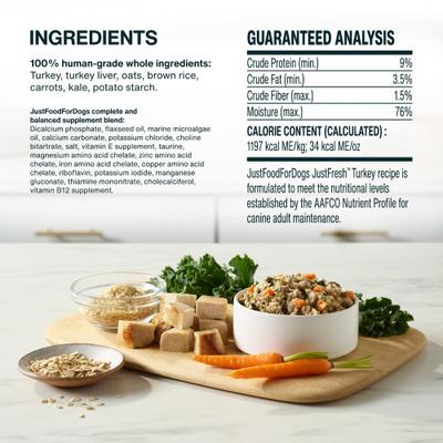 Show full view: JustFoodForDogs JustFresh Human Grade Home-Cooked Turkey Recipe Fresh Dog Food, 12-oz pouch, pack of 7 slide 9 of 11