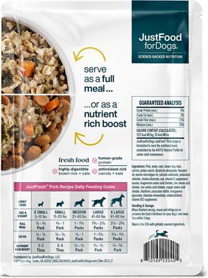 Show full view: JustFoodForDogs JustFresh Human Grade Home-Cooked Pork Recipe Fresh Dog Food, 12-oz pouch, pack of 7 slide 4 of 11