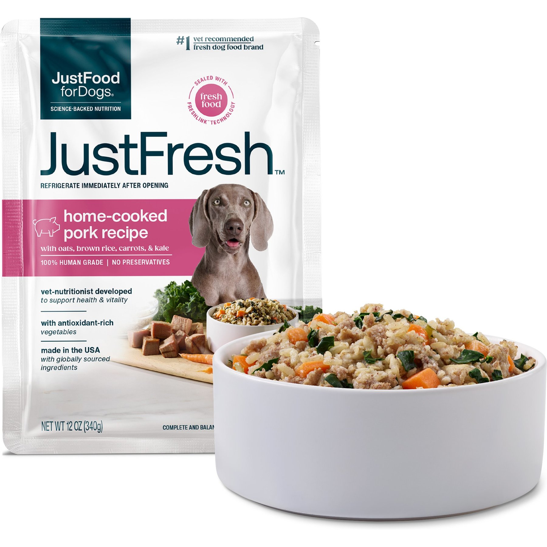 JustFoodForDogs JustFresh Human Grade Home-Cooked Pork Recipe Fresh Dog Food, 12-oz pouch