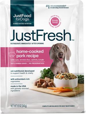 Show full view: JustFoodForDogs JustFresh Human Grade Home-Cooked Pork Recipe Fresh Dog Food, 12-oz pouch, pack of 7 slide 3 of 11