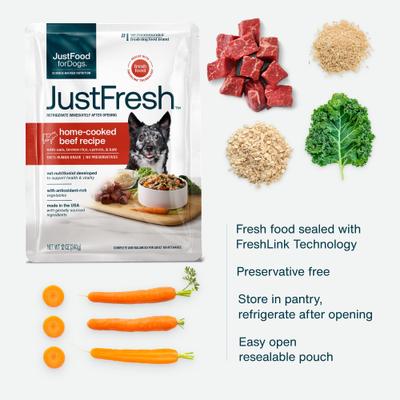 Show full view: JustFoodForDogs JustFresh Human Grade Home-Cooked Beef Recipe Fresh Dog Food, 12-oz pouch, pack of 7 slide 5 of 13