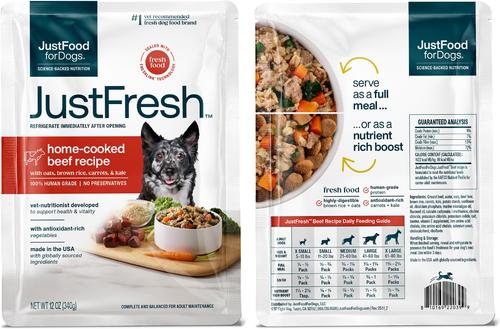 Show full view: JustFoodForDogs JustFresh Human Grade Home-Cooked Chicken & Beef Fresh Dog Food Combo, 12-oz pouch, case of 14 (7 Beef + 7 Chicken) slide 7 of 7