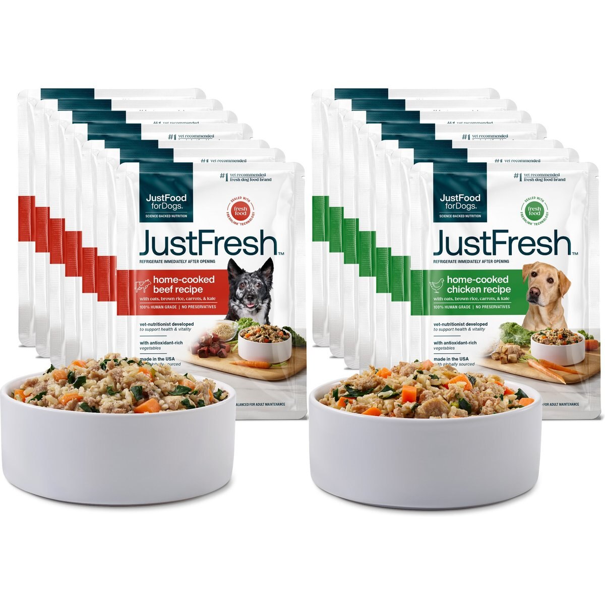 JustFoodForDogs JustFresh Human Grade Home-Cooked Chicken & Beef Fresh Dog Food Combo, 12-oz pouch, case of 14 (7 Beef + 7 Chicken)