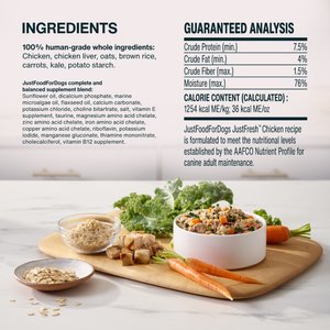 JustFoodForDogs JustFresh Human Grade Home-Cooked Chicken Recipe Fresh Dog Food, 12-oz pouch, case of 7