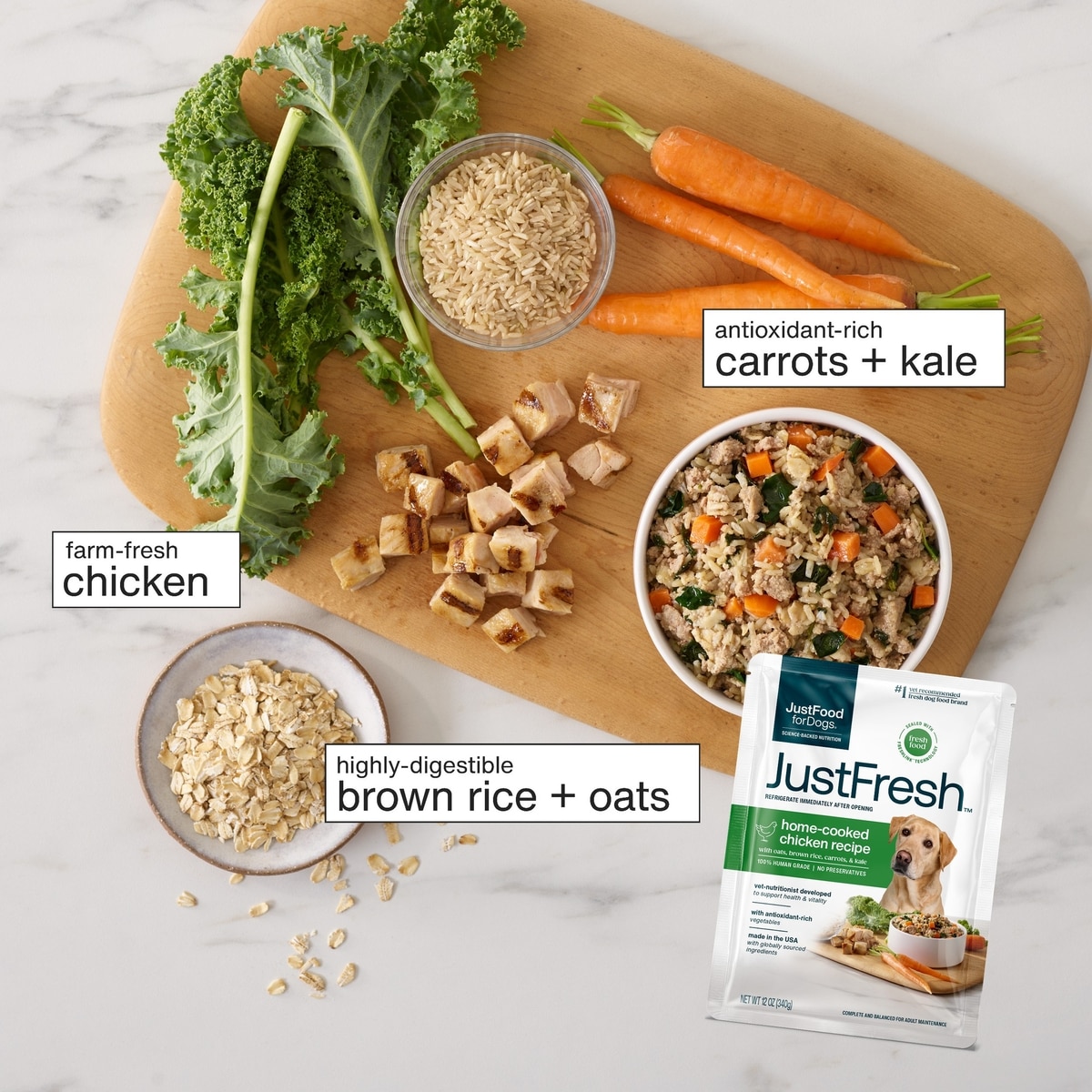 JustFoodForDogs JustFresh Human Grade Home-Cooked Chicken Recipe Wet Dog Food, 12-oz pouch