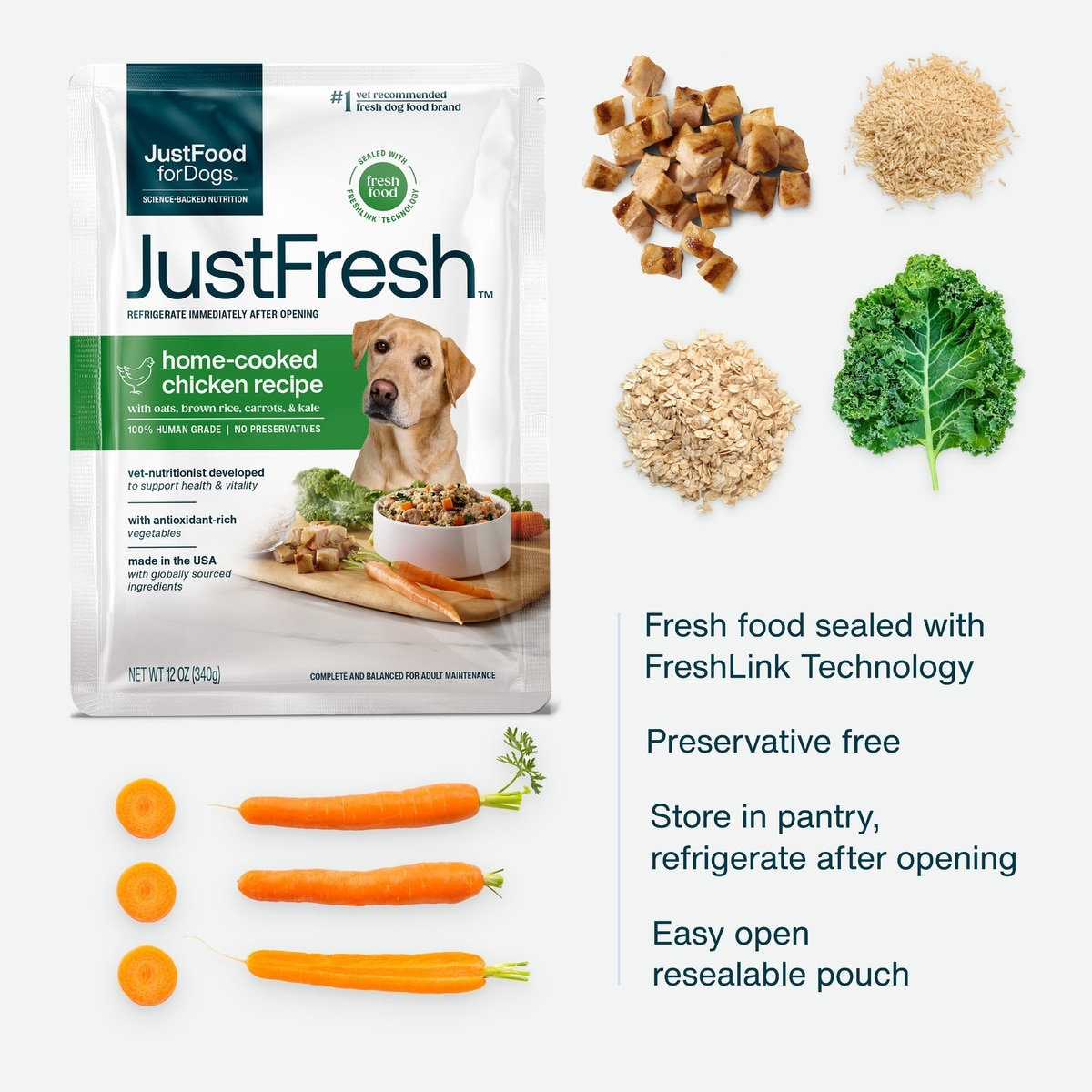 JustFoodForDogs JustFresh Human Grade Home-Cooked Chicken Recipe Wet Dog Food, 12-oz pouch