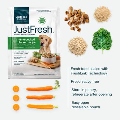 Show full view: JustFoodForDogs JustFresh Human Grade Home-Cooked Chicken Recipe Fresh Dog Food, 12-oz pouch, case of 7 slide 5 of 13