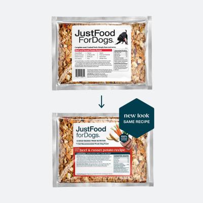 Show full view: JustFoodForDogs Beef & Russet Potato Recipe Frozen Human-Grade Fresh Dog Food, 72-oz pouch, case of 7 slide 10 of 12