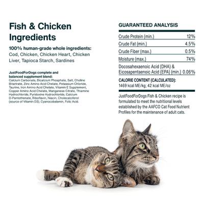 Show full view: JustFoodForCats Fish & Chicken Recipe Frozen Human-Grade Fresh Cat Food, 18-oz pouch, case of 7 slide 6 of 9