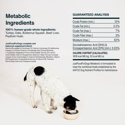 Show full view: JustFoodForDogs Veterinary Diet Metabolic Support Frozen Human-Grade Fresh Dog Food, 18-oz pouch, case of 7 slide 9 of 11