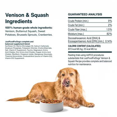 Show full view: JustFoodForDogs Venison & Squash Recipe Frozen Human-Grade Fresh Dog Food, 72-oz pouch, case of 7 slide 8 of 12