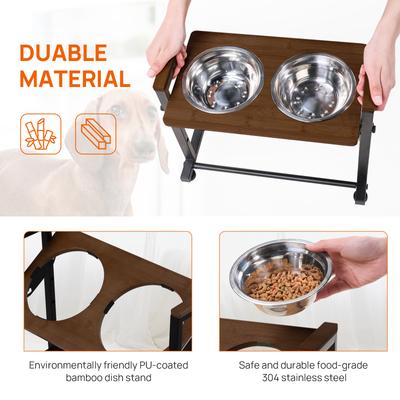 Show full view: RYPetmia Waterproof Bamboo Tray Stainless Steel Elevated Dog & Cat Bowl with Stand, Brown, Small slide 7 of 9