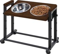 RYPetmia Waterproof Bamboo Tray Stainless Steel Elevated Dog & Cat Bowl with Stand, Brown, Small