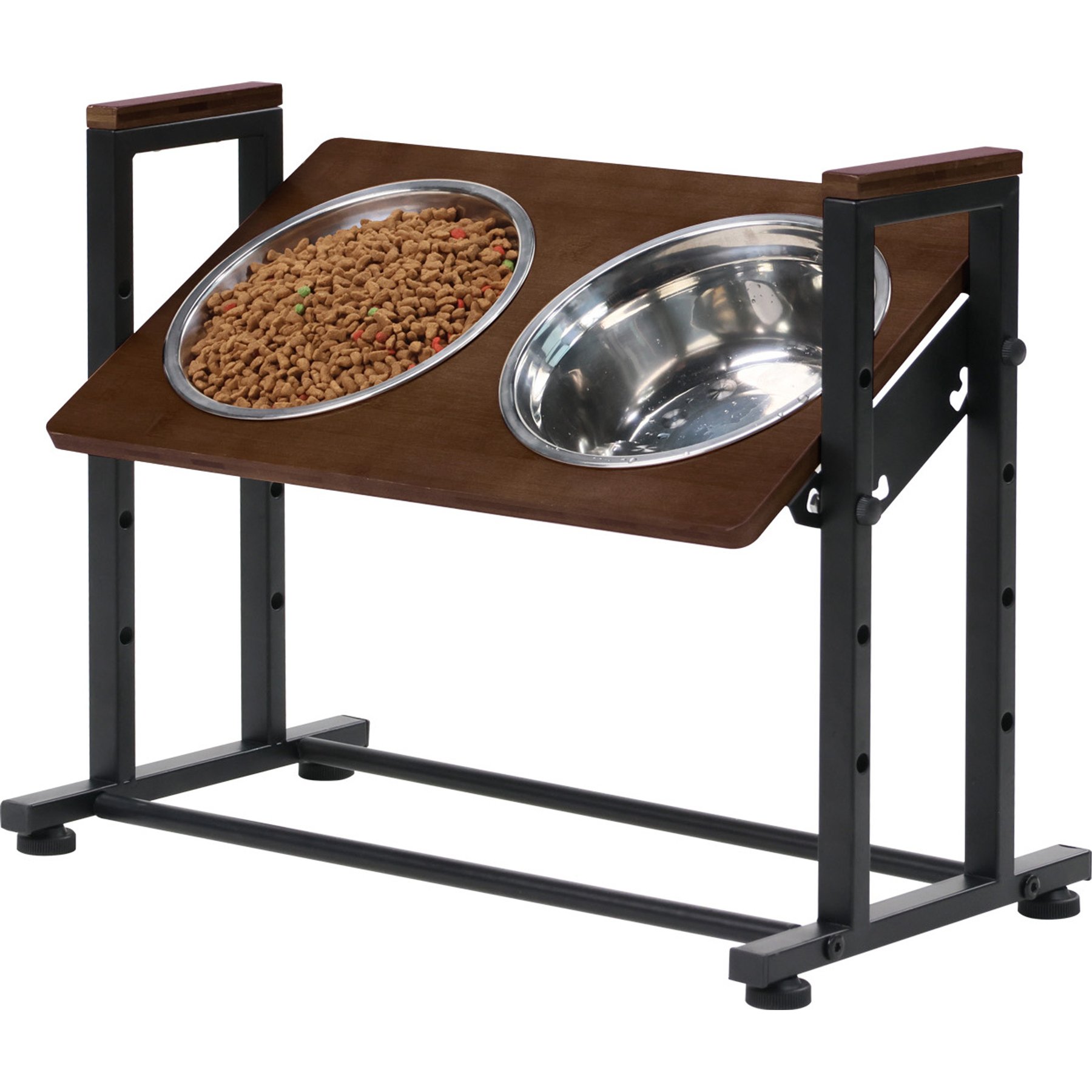 RYPetmia Waterproof Bamboo Tray Stainless Steel Elevated Dog & Cat Bowl with Stand, Brown, Medium