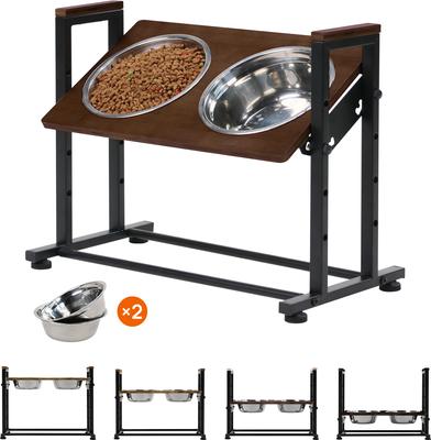 Show full view: RYPetmia Waterproof Bamboo Tray Stainless Steel Elevated Dog & Cat Bowl with Stand, Brown, Medium slide 2 of 7