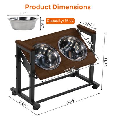 Show full view: RYPetmia Waterproof Bamboo Tray Stainless Steel Elevated Dog & Cat Bowl with Stand, Brown, Small slide 3 of 9