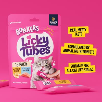 Show full view: Bonkers Licky Tubes Grain-Free Wet Chicken & Salmon Flavored Lickable Cat Treats, 18 tubes slide 8 of 11