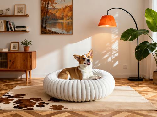 Show full view: LFC PETS Donut Bolster Dog & Cat Bed with Removable Cover, Milky White, Medium slide 3 of 10
