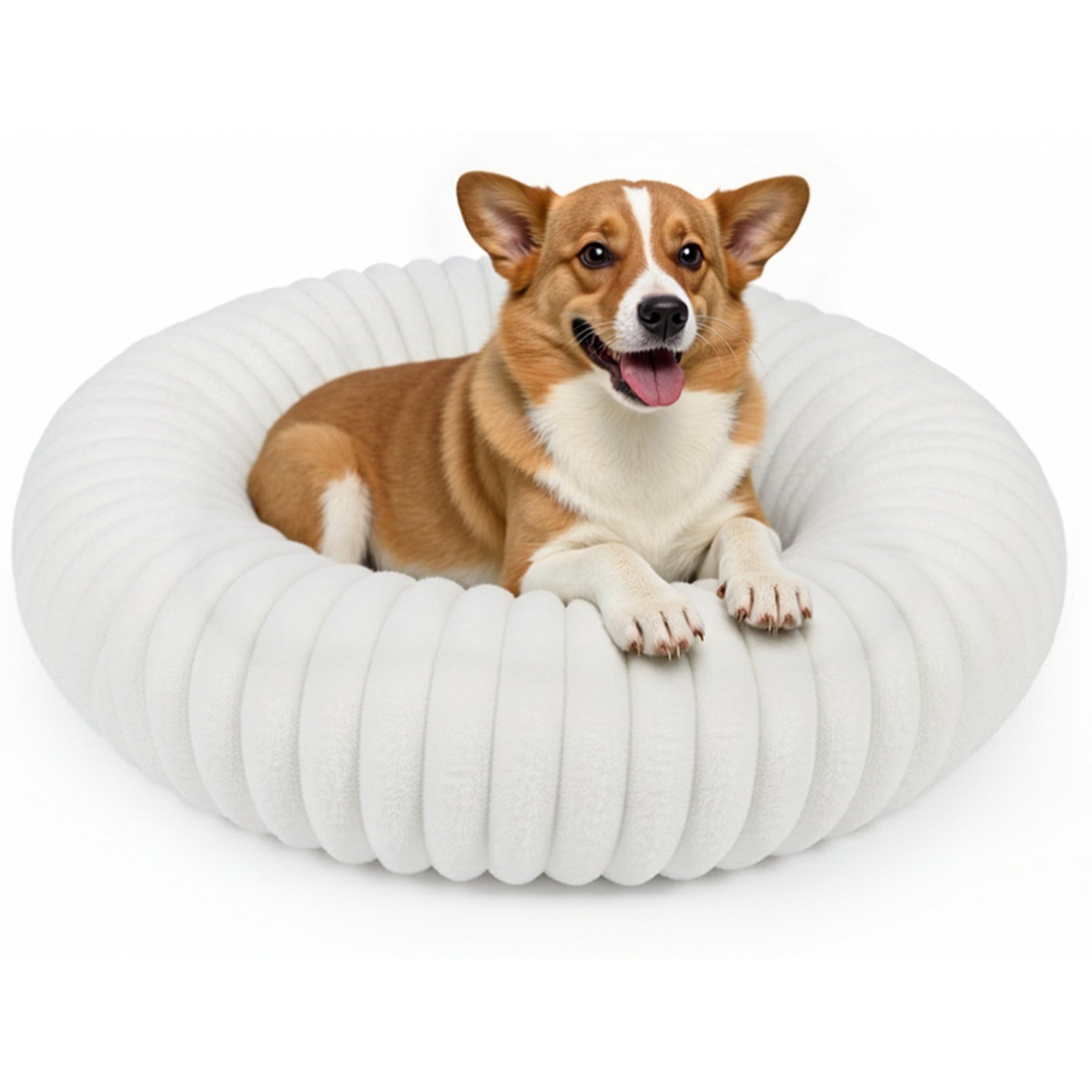LFC PETS Donut Bolster Dog & Cat Bed with Removable Cover, Milky White, Medium