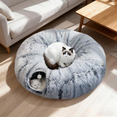 Show full view: LFC PETS Round Peekaboo Cave Foldable Donut Tunnel Bed Plush Cat Toy, Grey slide 3 of 9