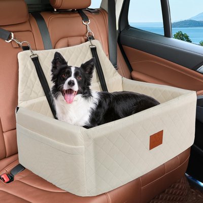 Aphyxen Aphyxen Thick Foam Cushion Travel Large Pet Dog Car Seat Booster with 2 Adjustable Safety Leashes, 29.5 x 20 x 20-in, White