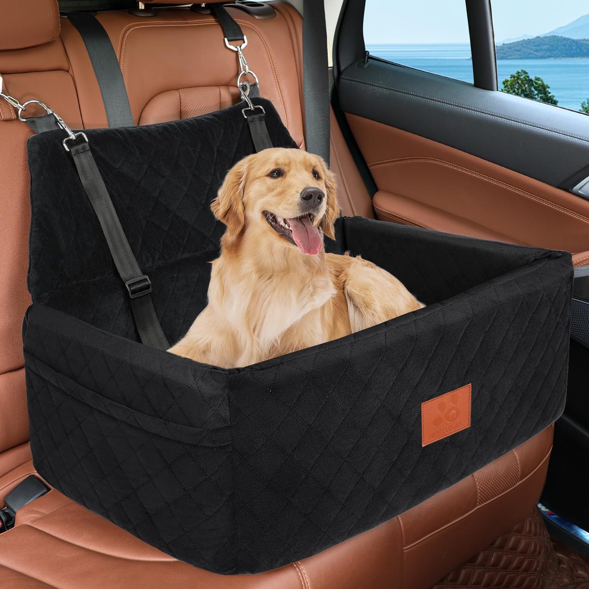Aphyxen Thick Foam Cushion Travel Large Pet Dog Car Seat Booster with 2 Adjustable Safety Leashes, 29.5 x 20 x 20-in, Black