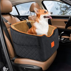 XIEEAOZEE Memory Foam Booster Elevated Bag Dog Car Seat with Washable Removable Cover, Small, Black/Brown