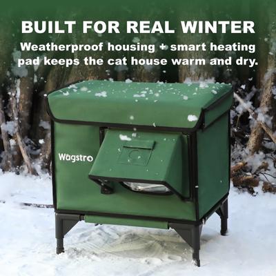 Show full view: Wagstro Elevated, Rainproof, Intruder-Resistant Polyester Outdoor Heated Cat House with One-Way Door & Thermal Pad, Green, Small slide 8 of 9