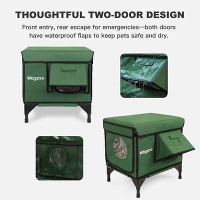 Show full view: Wagstro Elevated, Rainproof, Intruder-Resistant Polyester Outdoor Heated Cat House with One-Way Door & Thermal Pad, Green, Small slide 6 of 9