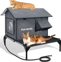 Furventi Elevated Waterproof One-Way Polyester Outdoor Heated Cat House with Roof Deck, Large, Grey
