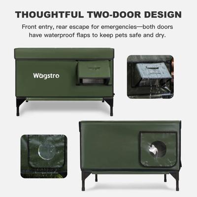 Show full view: Wagstro Premium Eco-Friendly, Heavy-Duty, Elevated Weatherproof Polyester Outdoor Heated Cat Shelter with Escape Door, Green, Large slide 5 of 9