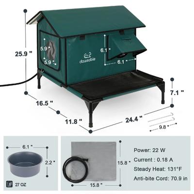 Show full view: Clawsable Waterproof Polyester Heated Cat House with Raised Rest Platform, Dark Green, Large slide 9 of 9