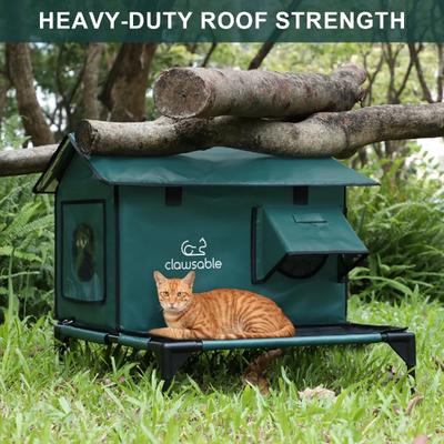 Show full view: Clawsable Waterproof Polyester Heated Cat House with Raised Rest Platform, Dark Green, Large slide 7 of 9
