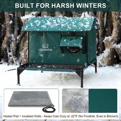Show full view: Clawsable Waterproof Polyester Heated Cat House with Raised Rest Platform, Dark Green, Large slide 5 of 9