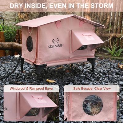 Show full view: Clawsable WarmPaws Polyester Outdoor Heated Cat Shelter with Feeding Bowl, Medium, Pink slide 6 of 10