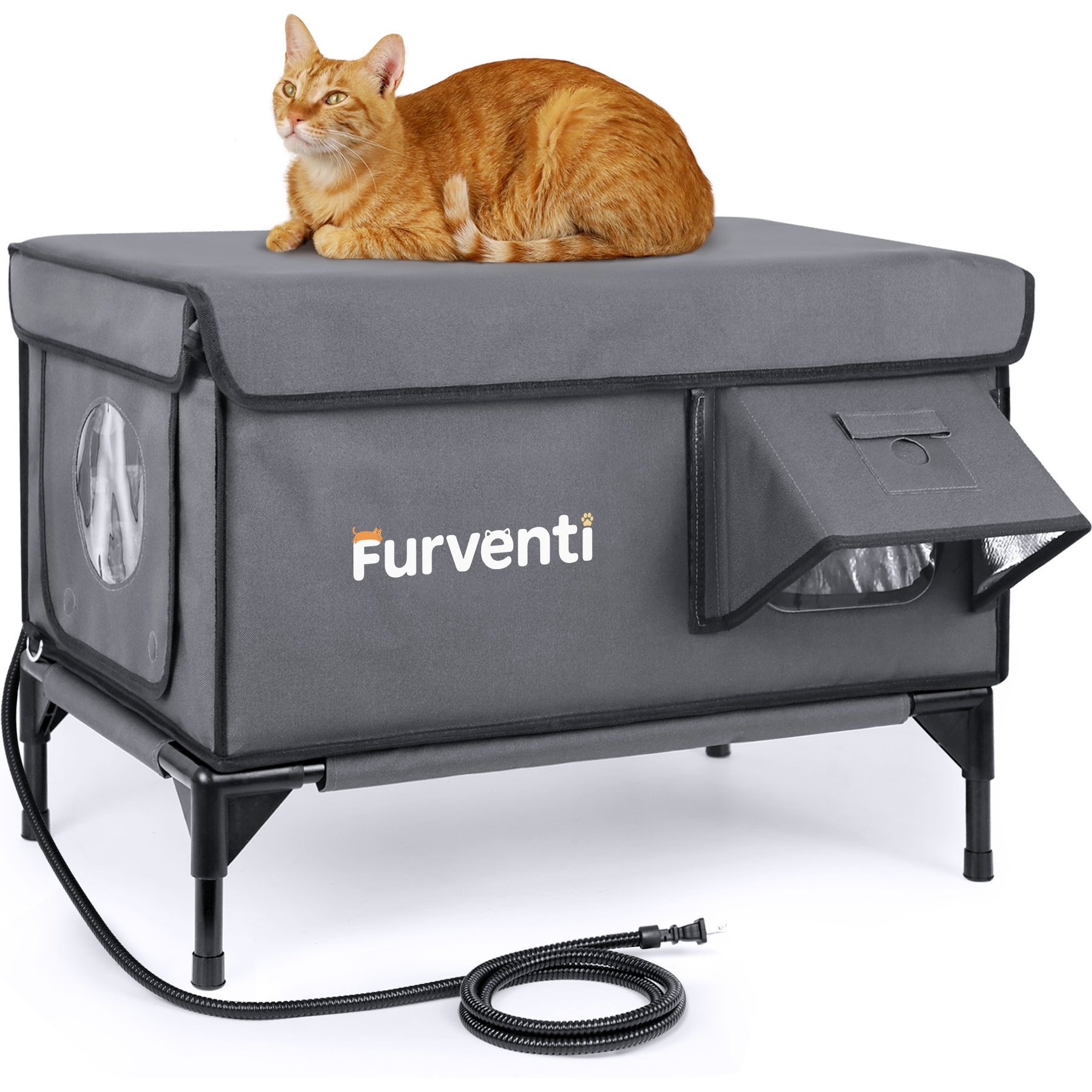 Furventi Eco-Friendly Rainproof Insulated Multiple Outlets Polyester Outdoor Heated Cat House, Grey, Large