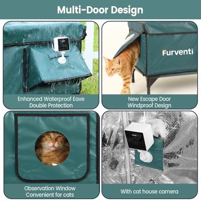 Show full view: Furventi Elevated Waterproof Multi-Exits Polyester Outdoor Heated Cat Shelter, Green, Large slide 3 of 8