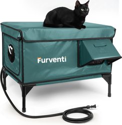 Furventi Elevated Waterproof Multi-Exits Polyester Outdoor Heated Cat Shelter, Green, Large
