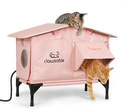 Clawsable WarmPaws Polyester Outdoor Heated Cat Shelter with Feeding Bowl, Medium, Pink