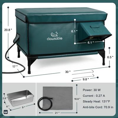 Show full view: Clawsable Polyester Outdoor XL Heated Cat House with Built-In Feeding Bowl, Dark Green, Large slide 8 of 8