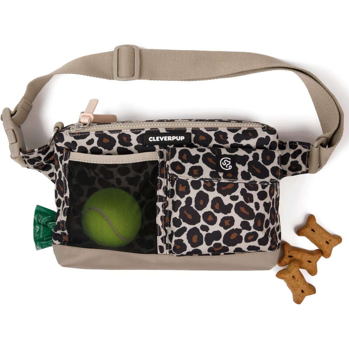 Cleverpup Dog Walk & Train Sling Bag with Poop Bag Dispenser & Treat Pocket, Leopard