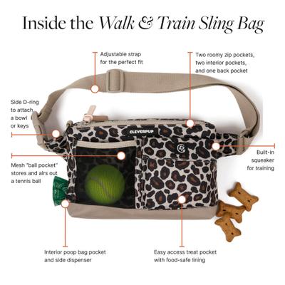 Show full view: Cleverpup Dog Walk & Train Sling Bag with Poop Bag Dispenser & Treat Pocket, Leopard slide 4 of 9