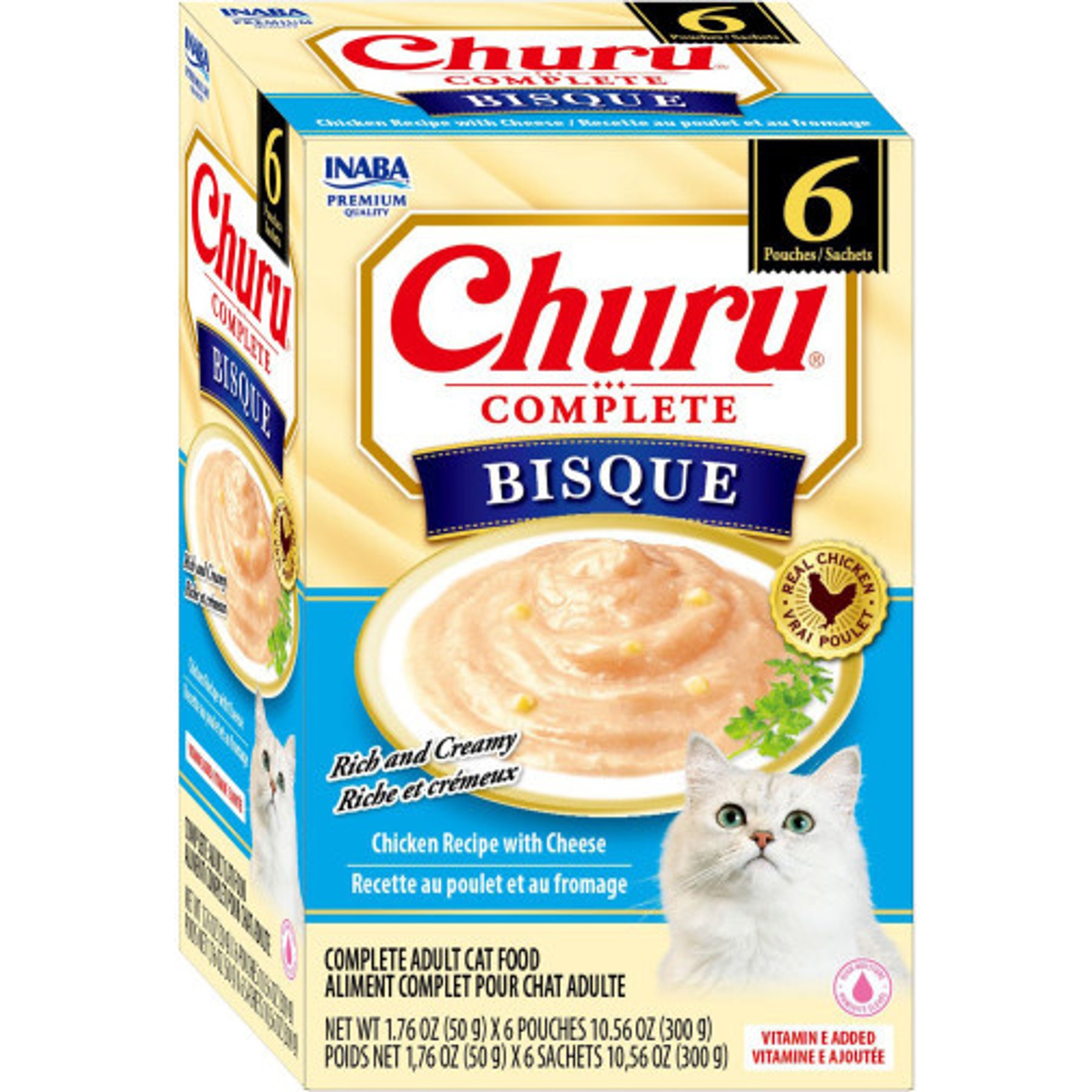 Inaba Churu Complete Chicken Recipe with Cheese Bisque Grain-Free, High Moisture Bits-in-Broth Wet Cat Food, 1.76-oz pouch, 6 count