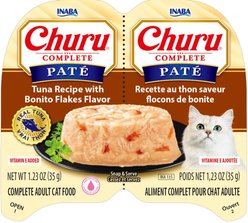 Inaba Churu Complete Tuna Recipe with Bonito Flakes Flavor Grain-Free, High Moisture Pate Wet Cat Food, 2.46-oz twin cup, case of 8