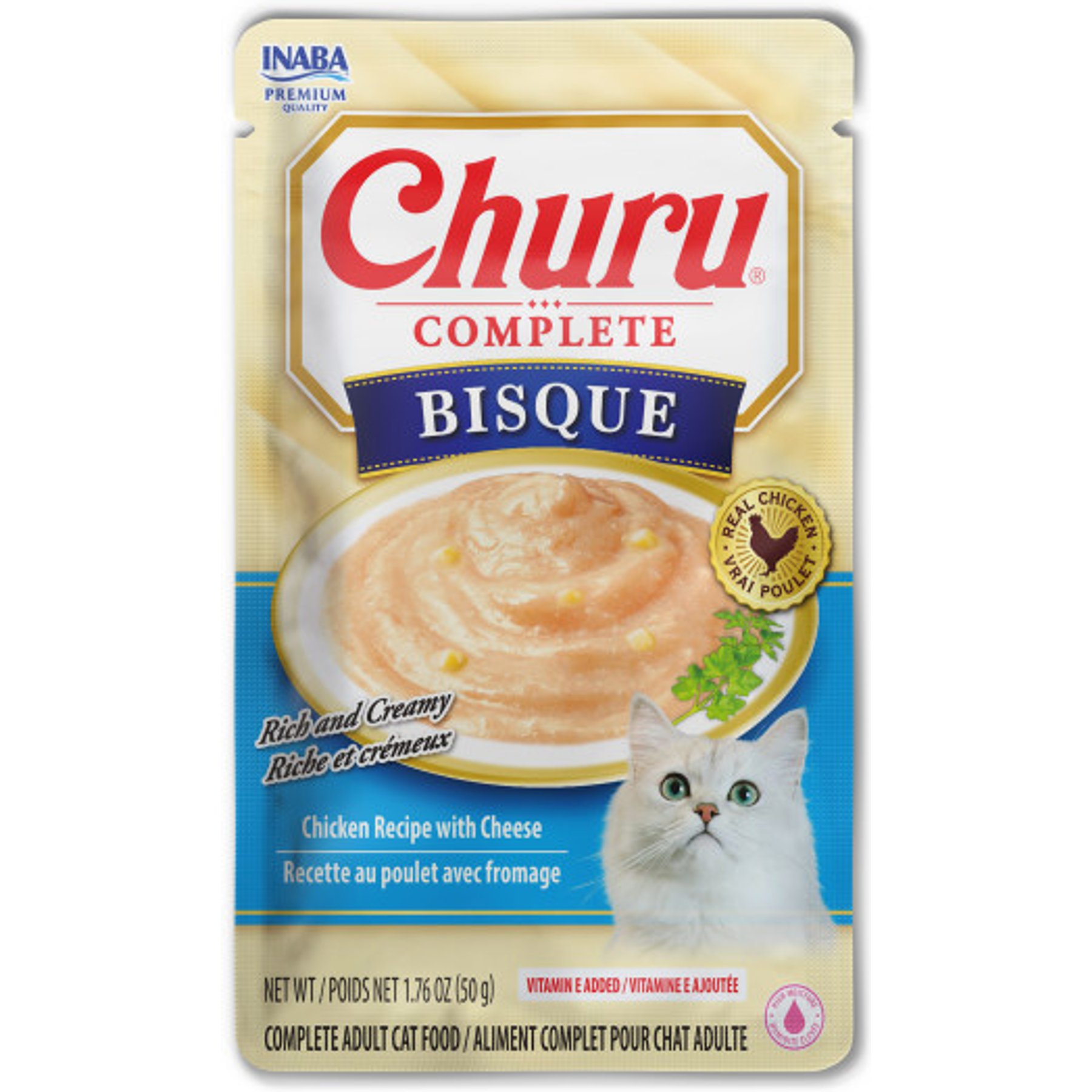 Inaba Churu Complete Chicken Recipe with Cheese Bisque Grain-Free, High Moisture Bits-in-Broth Wet Cat Food, 1.76-oz pouch, 12 count