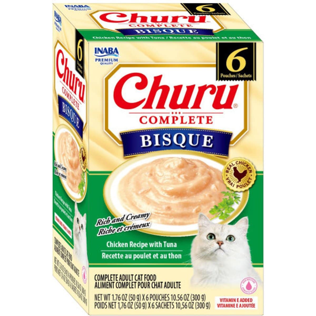 Inaba Churu Complete Chicken Recipe with Tuna Bisque Grain-Free, High Moisture Bits-in-Broth Wet Cat Food, 1.76-oz pouch, 6 count