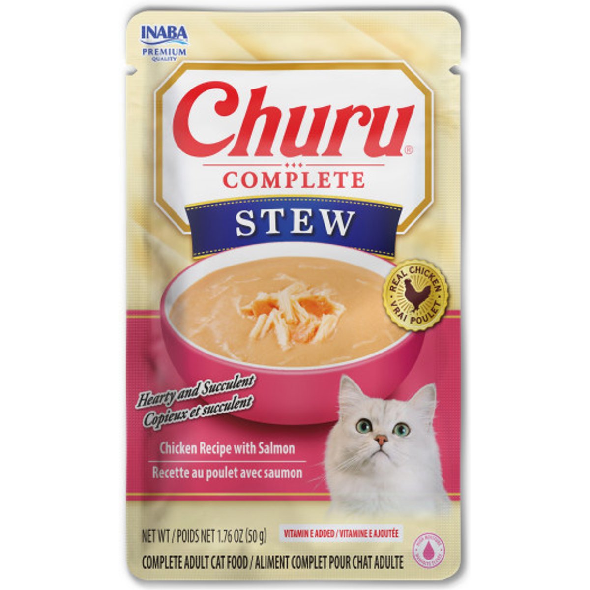 Inaba Churu Complete Chicken Recipe with Salmon Grain-Free, High Moisture Stew Wet Cat Food, 1.76-oz pouch, 12 count